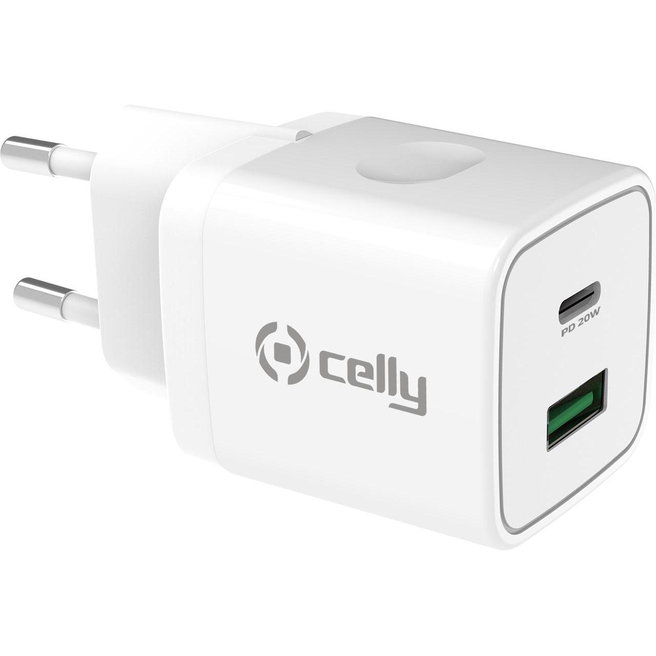 Celly Caricabatterie Da Rete 20w USB Usbc Tc2usbusbc20wwh (20 W), Caricatore USB, Bianco