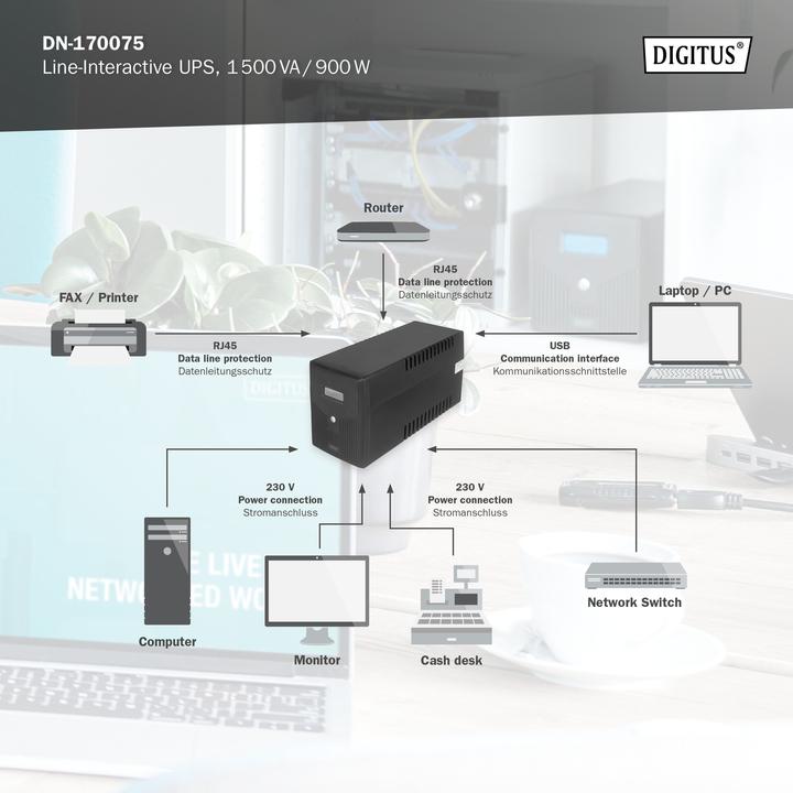 Image du produit Digitus Onduleur à interaction de ligne, 1500 VA/900W (1500 VA, 900 W, Line-interactive Onduleur)