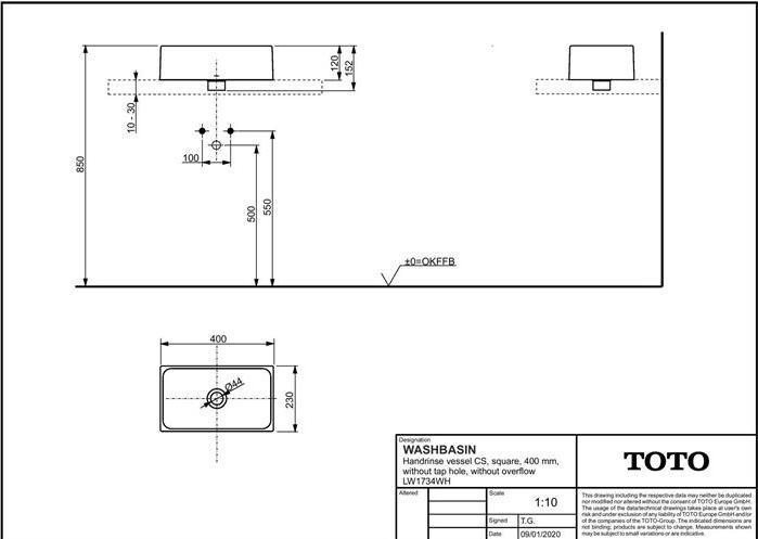 Actual product image TOTO CS Countertop washbasin 400 corner without tap hole and overflow white (230 mm, 400 mm)