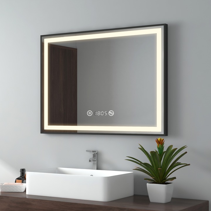 Produktbild Emke Badspiegel mit Beleuchtung 80*60cm,Beschlagfrei, Temperatur und Uhr Kaltweiss(6500K), Dimmbar (80 x 60 cm)