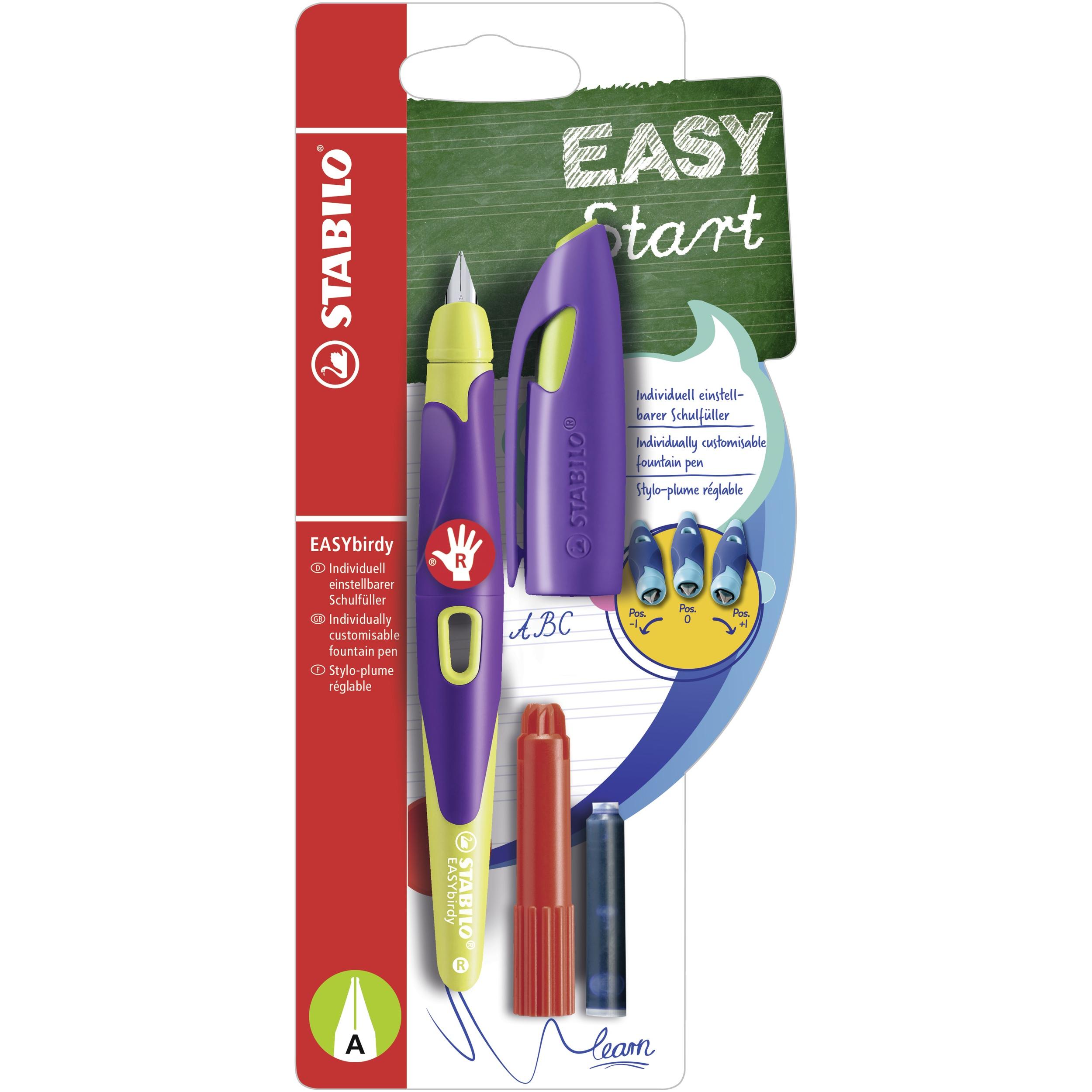 STABILO, Schreibstifte, Ergonomischer Schulfüller für Rechtshänder mit Anfänger-Feder A - EASYbirdy in violett/gelb (Gel...