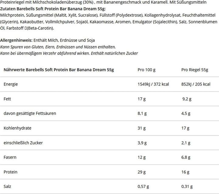 Nährwerte und Zutaten Barebells Soft Protein Bar (Banane, Schokolade, 12 Stk., 660 g)