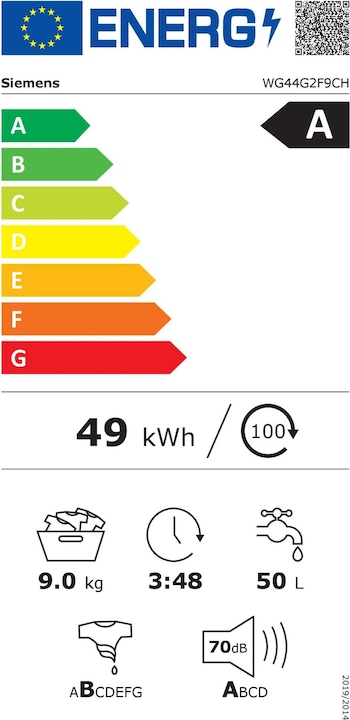 Etichetta energetica Siemens WG44G2F9CH (9 kg, A sinistra, Spina CH)