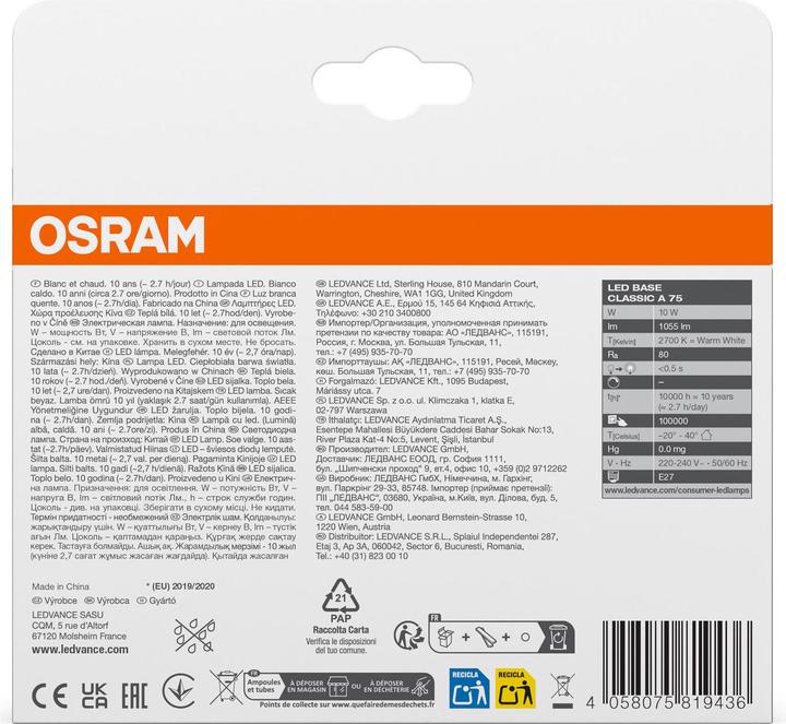 Immagine prodotto Osram Base Led Classic A (E27, 10.50 W, 1055 lm, 3 x, F)