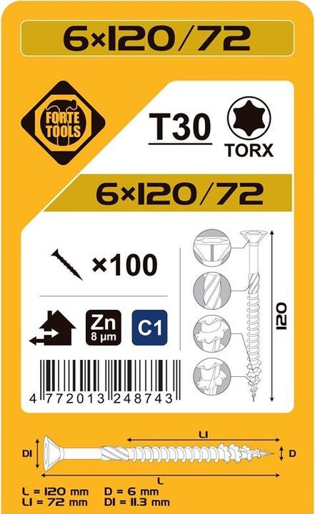 Produktbild Forte tools CHIPBOARD SCR T30 6.0X120/72 WHIT ZN(100 (100 Schrauben pro Stück)