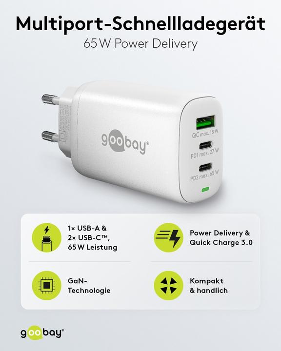 Produktbild Goobay USB-C PD 3-fach Multiport-Schnellladegerät 65 W weiss (65 W)