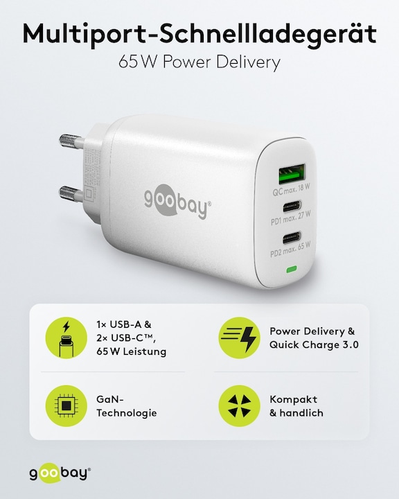 Immagine prodotto Goobay Caricabatterie rapido USB-C PD a 3 vie multiport 65 W bianco (65 W)