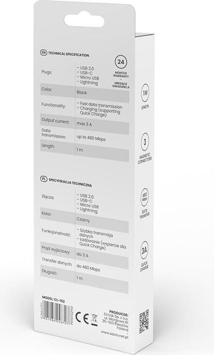 Actual product image Savio CL-152 USB Cable 1 m USB 2.0 USB C Micro USB A/Lightning Black (1 m, USB 2.0)