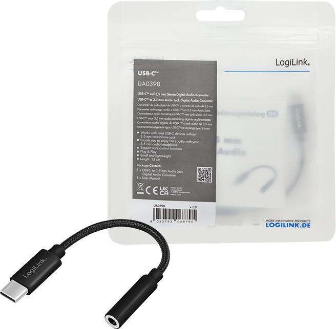 Actual product image LogiLink Cable USB-C to 3.5mm 0.13m Black (USB Type C, 3.5mm jack)