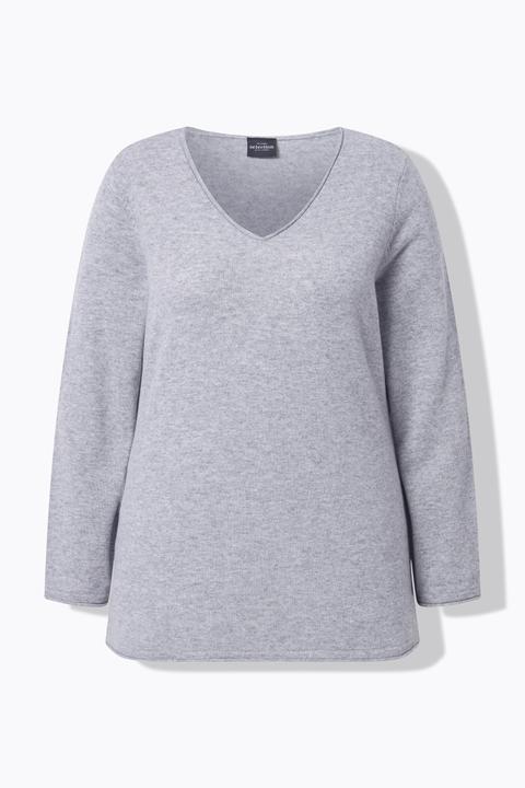 Produktbild Ulla Popken Merino-Pullover, Rollkanten, V-Ausschnitt, Langarm