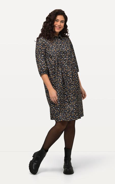 Immagine prodotto Ulla Popken Abito in velluto a coste dal taglio svasato con fiori, collo da camicia e maniche a 3/4 (50, 52)