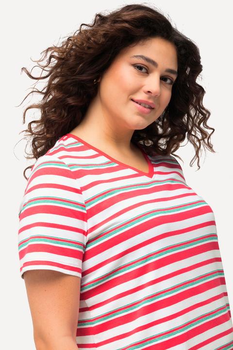 Actual product image Ulla Popken Mixed Stripe Short Sleeve V-Neck Tee (42, 44)