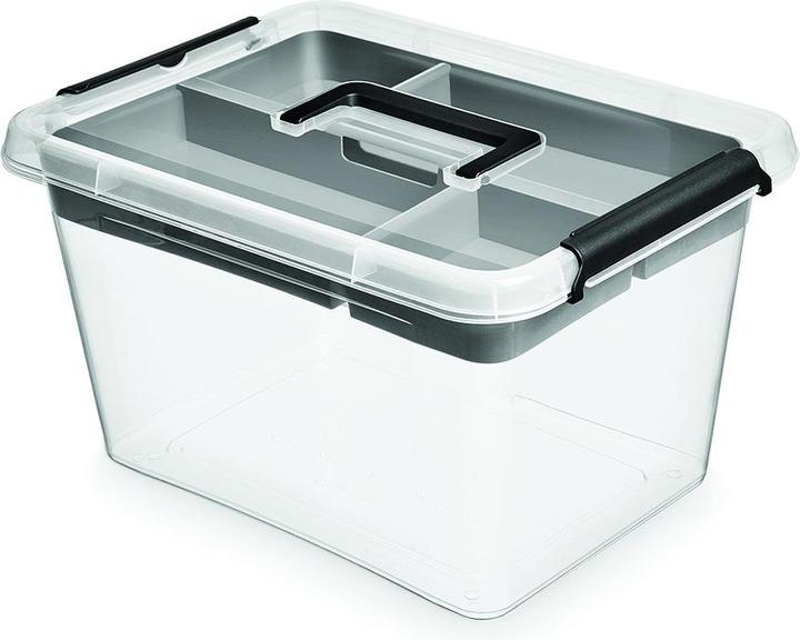 Actual product image Orplast Storage container, insert box, 15.5 litre, with carrying handle, with clips, graphite transparent (29 cm, 15.50 l)