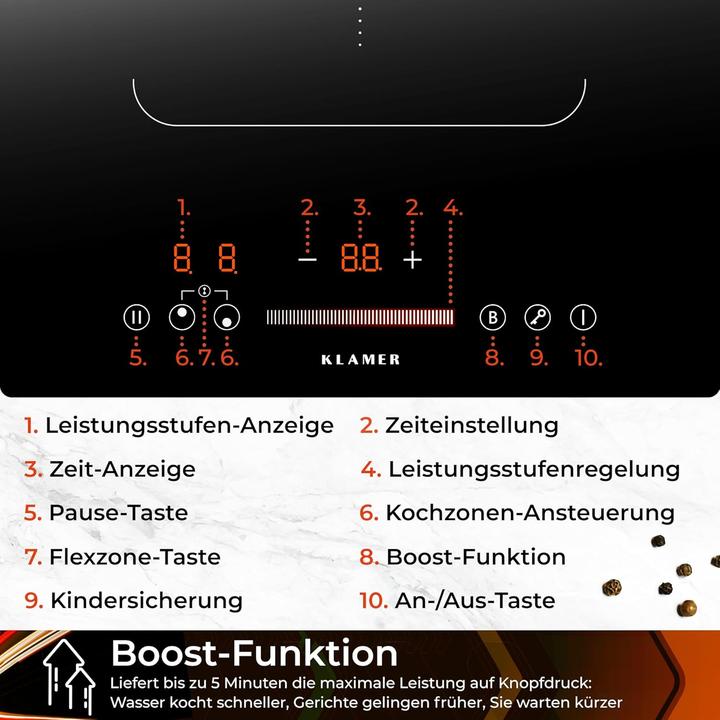 Produktbild KLAMER Induktionskochfeld 30 cm, 2 Zonen mit 1 Flexzone, 3500 Watt, Boost Funktion, 9 Leistungs… (51.90 cm, Induktionskochfeld)