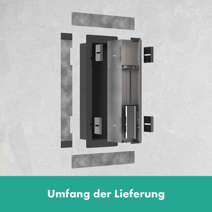 Actual product image hansgrohe XtraStoris Rock toilet brush holder, with shelf, tileable door, frameless, 145x140x595mm