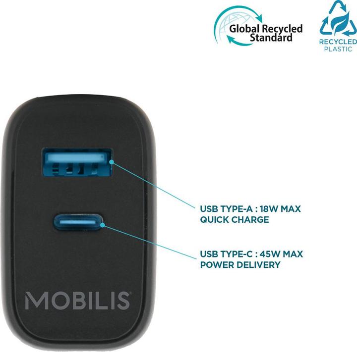 Actual product image Mobilis Wall Charger 45W 1 USB A 1 USB C GaN (45 W, 2 ports)