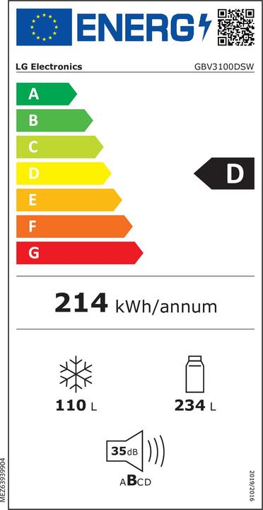 Energie-Label LG GBV3100DSW Refrigerator-Freezer, white (344 l)
