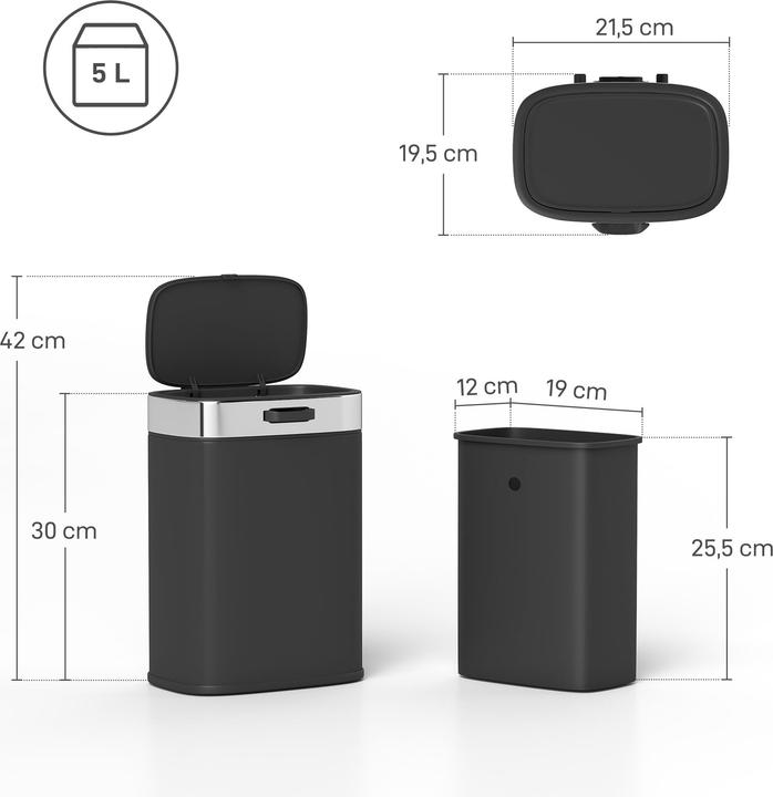 Produktbild Homcom Mülleimer Edelstahl, Kunststoff Schwarz (5 l)