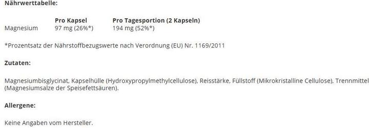 Nährwerte und Zutaten ESN Magnesium (120 Stück, Kapseln, 72 g)