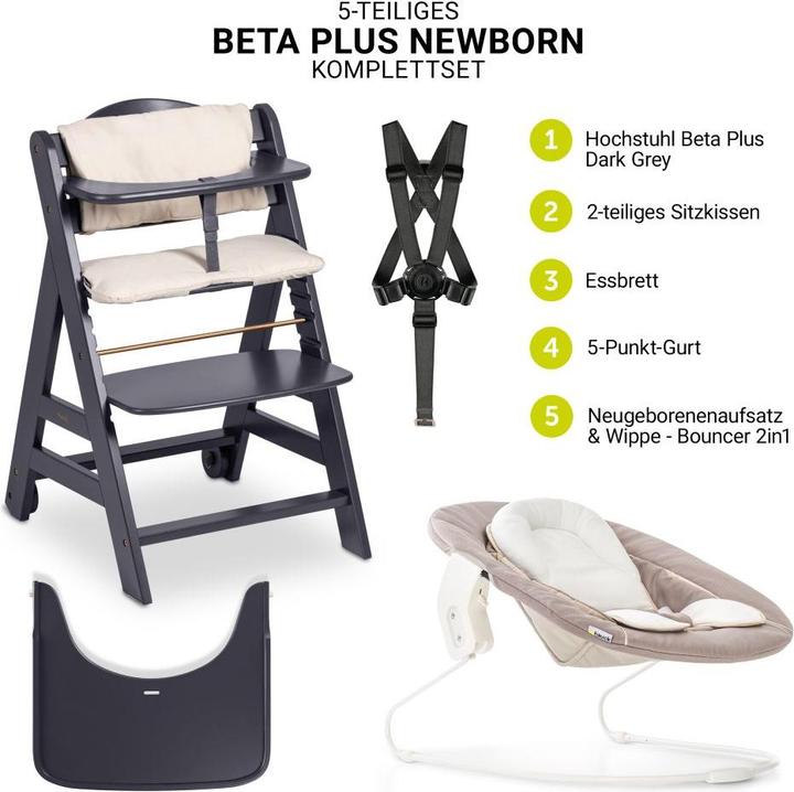 Produktbild Hauck Hochstühle Beta Plus Dark Grey 5-tlg. Newborn Set - Hochstuhl (Hochstuhl, Treppenhochstuhl)