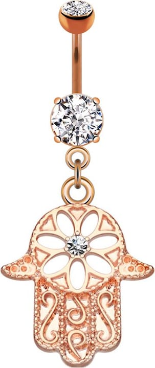 Produktbild Star Piercing Banane rosegold mit Anhänger Hamsa verschnörkelt Kristall silber (Messing, Chirurgenstahl 316L)