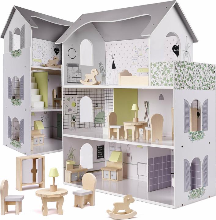Ikonka Wooden doll's house + furniture 70cm grey