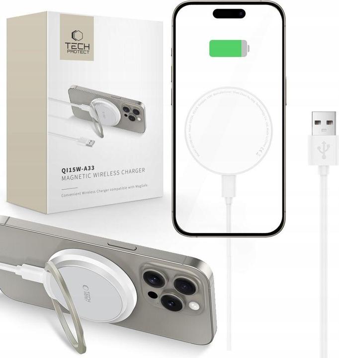 Actual product image Tech-Protect QI15W-A33 inductive charger with MagSafe and stand with USB-A / USB-C cable - white (15 W)