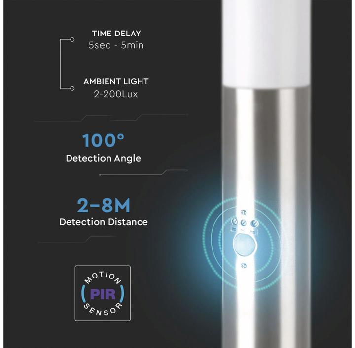 Produktbild V-TAC Poller-Aussenleuchte VT-838, IP44 Edelstahl 110 cm, Nickel-satiniert, PIR (E27, IP44)