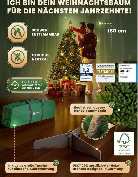 Image du produit Artitree Sapin de Noël 180 cm avec support en bois FSC (180 cm)
