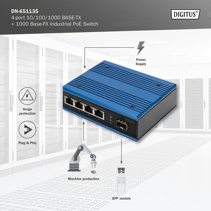 Produktbild Digitus 4-port 10/100/1000BASE-TX+1000Base-FX Industrial PoE Switch (4 Ports)