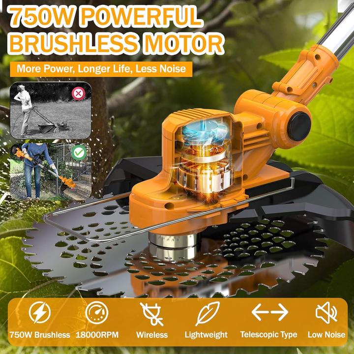 Actual product image Suaiiolk Akku-Rasentrimmer ‎HY-08 mit Unkrautbürste und 4 Klingentypen (Metal cutting blade, Trim line)