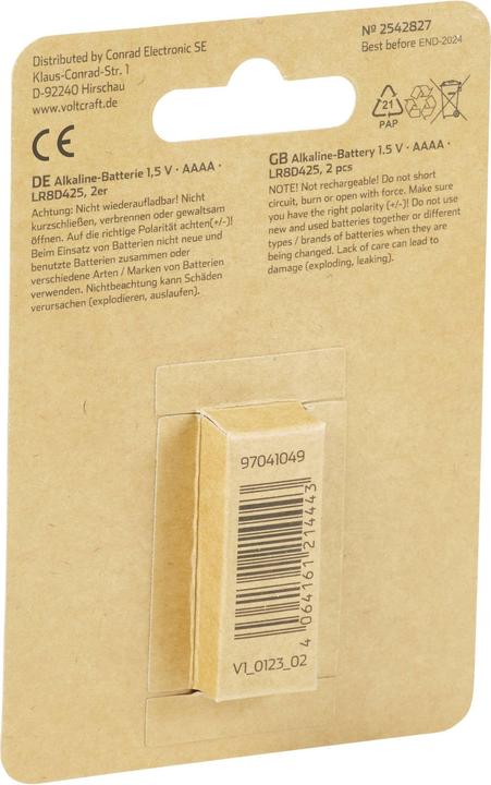 Actual product image Voltcraft Mini (AAAA) battery Mini (AAAA) alkaline manganese 1.5 V 500 mAh 2 pcs. (2 pcs., AAA, 500 mAh)