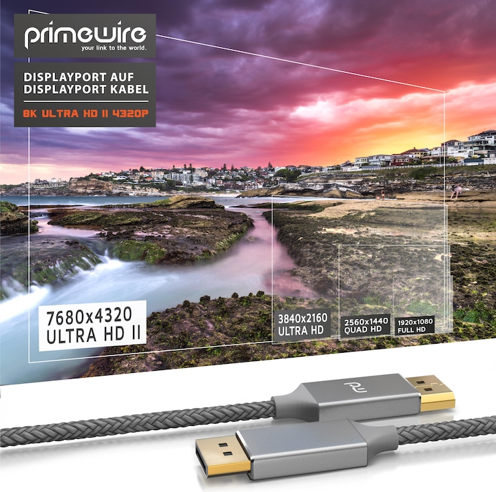 Actual product image Primewire DisplayPort Cable, DP 1.4 with Nylon Jacket 8K 7680 x 4320 @ 60Hz / 4k 3840 x 2160 120Hz with DSC (1 m, DisplayPort)