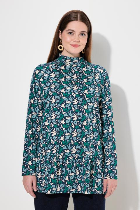 Actual product image Ulla Popken Eco Cotton Abstract Foliage Print Long Sleeve Turtleneck Tee (56)