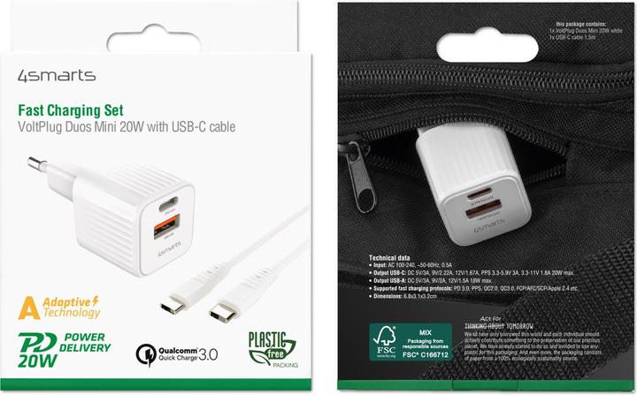 Image du produit 4smarts Chargeur secteur VoltPlug Duos Mini PD 20W et câble USB-C 1,5m blanc (20 W, 2 ports)