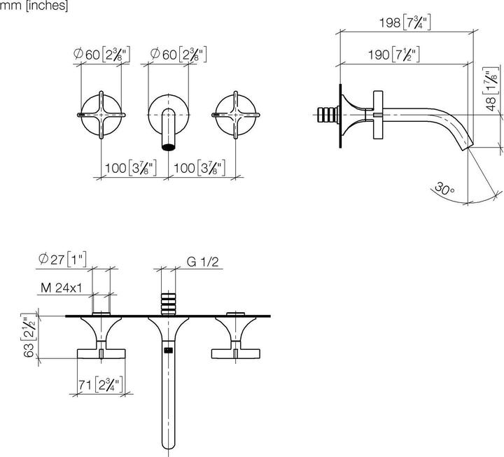 Actual product image Dornbracht VAIA wall-mounted basin mixer without pop-up waste, cross-shaped handle, projection 190 m