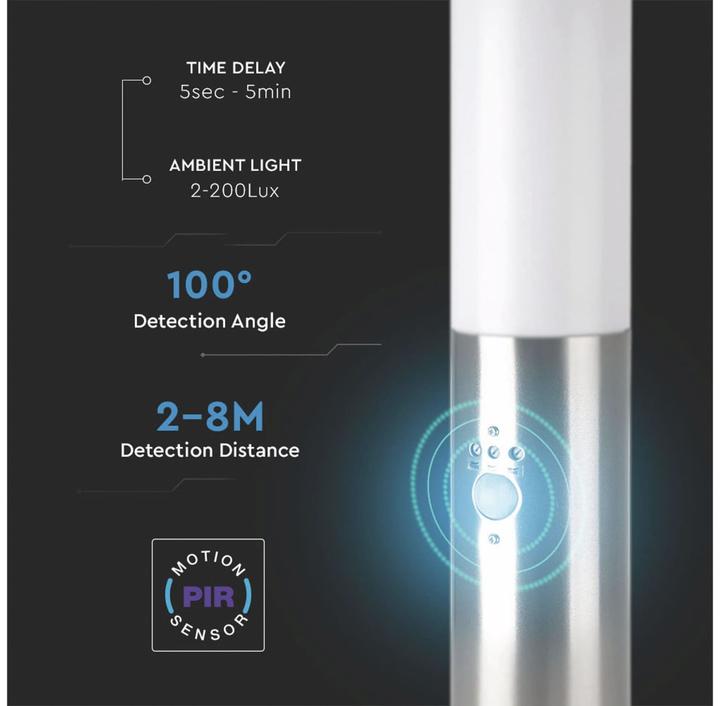 Produktbild V-TAC Poller-Aussenleuchte VT-838, IP44, E27, PIR-Sensor, 450mm, Edelstahl, VT-8964, Nickel-satiniert (200 lm, E27, IP44)