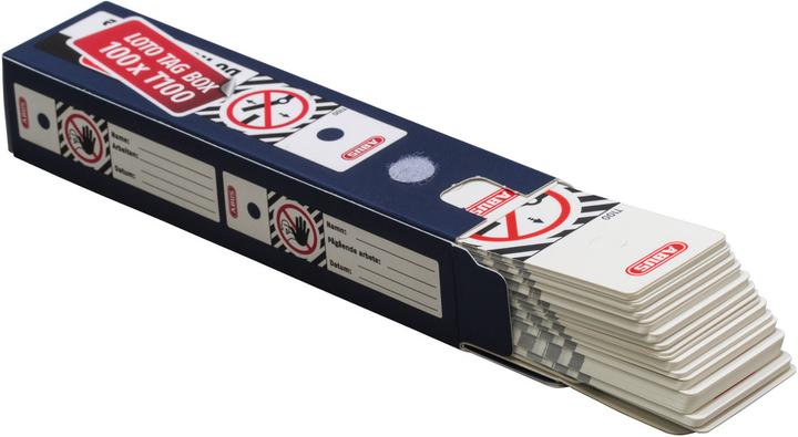 Actual product image Abus LOTO warning tag T100, small, in 100 piece dispenser, red.