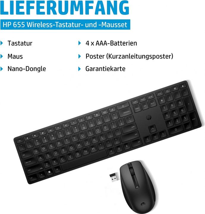 Image du produit HP et souris Inc. kit pour clavier et souris sans fil 655 4R009AA (DE, Sans fil)