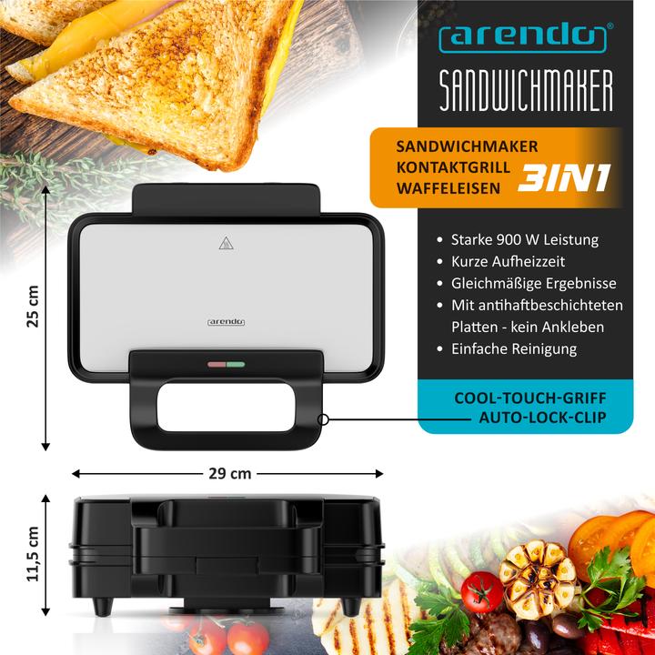 Produktbild Arendo Sandwichmaker 3in1 Sandwichtoaster, 900W, Antihaftbeschichtet, Temperaturregelung, Schnellaufheizung