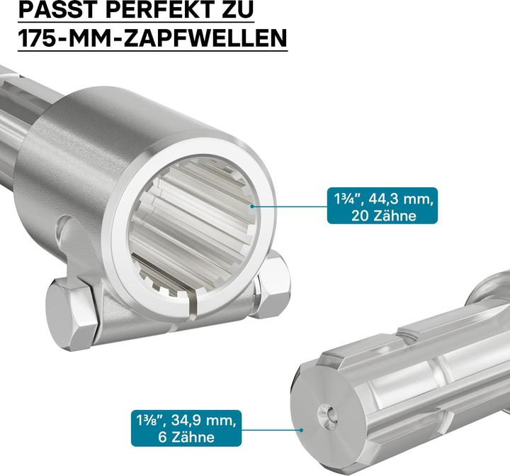 Actual product image Wiltec Adaptor Sleeve for PTO Shaft 175 mm w/ 1 3/4" 20N Spline Housing and 1 3/8" 6T Output Shaf (Tractor accessories)