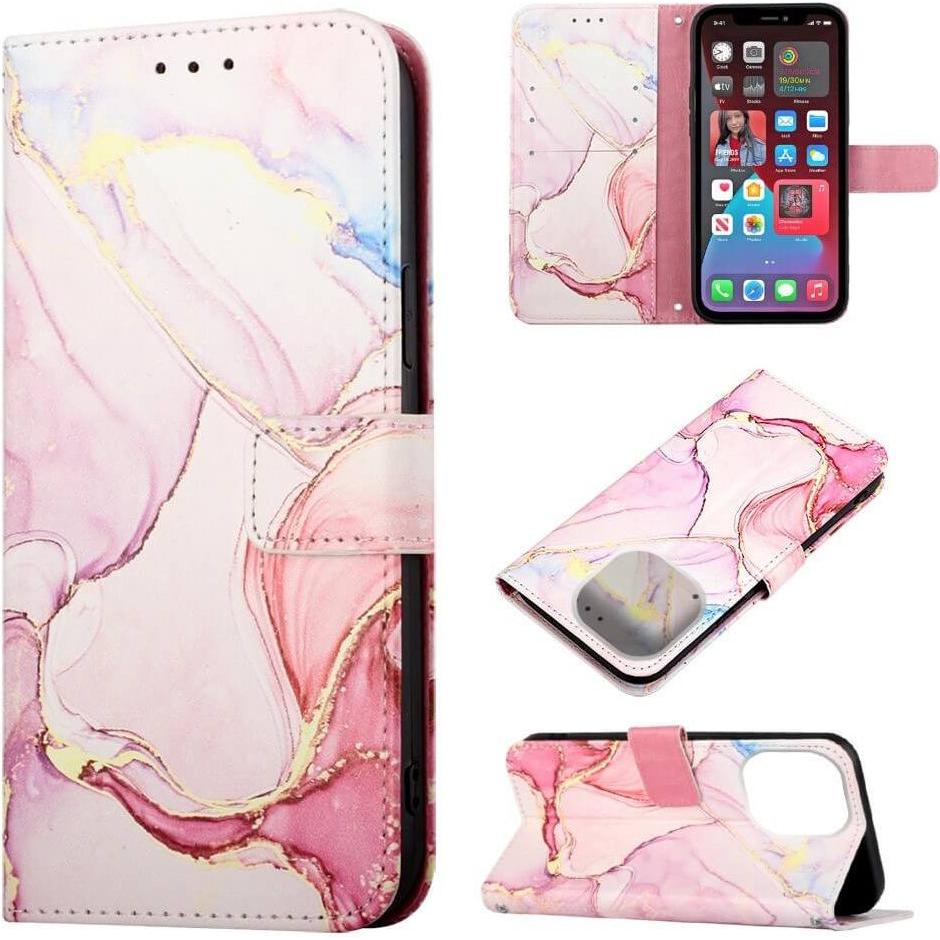 Thumbnail - Cover-Discount iPhone 14 Pro Max - Leder Hülle pink Marble (Apple iPhone 14 Pro Max), Smartphone Hülle, Pink
