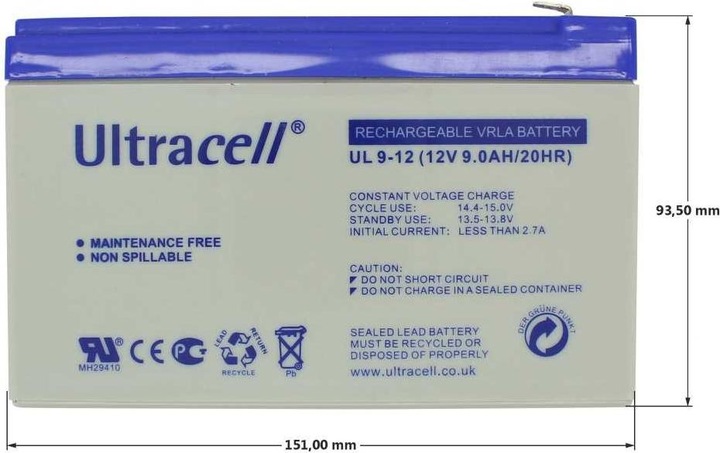 Produktbild Ultracell UL9-12 12V 9Ah 6,3mm Faston Bleiakku AGM Blei Gel Akku (12 V, 9 Ah)