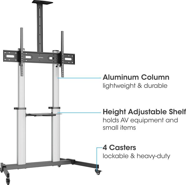 Image du produit Manhattan Support TV multimédia en aluminium sur roulettes, réglable en hauteur (100", 80 kg)