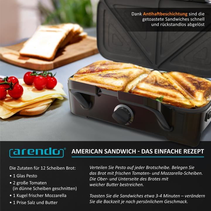 Produktbild Arendo Sandwichmaker 1200 W, Antihaftbeschichtung, Sandwichtoaster für große Toasts mit abnehmbaren Platten