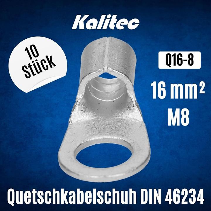 Produktbild Kalitec 10 Stück Q16-8 Quetschkabelschuh 16mm² M8 I Unisoliert I Dornpressung I Für mehr-, fein- und