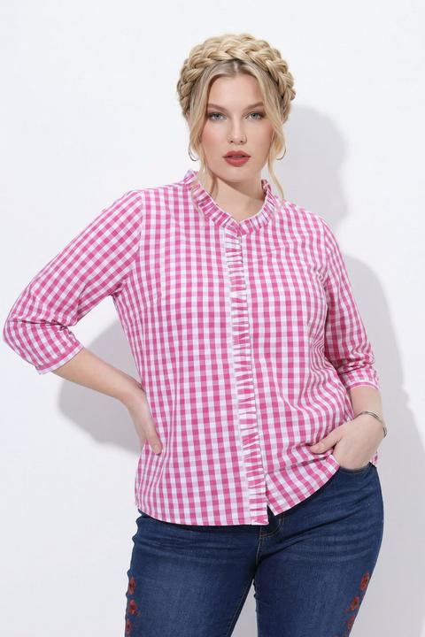 Actual product image Ulla Popken Checked Ruffle Trim 3/4 Sleeve Button-Down Shirt (60)