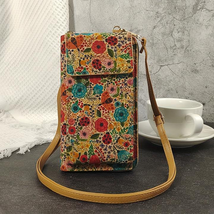 Only-Bags.Store Bohemian Floral Pattern Wallet, Retro Vegan Leather Coin Purse, Crossbody Mobile Phone Bag