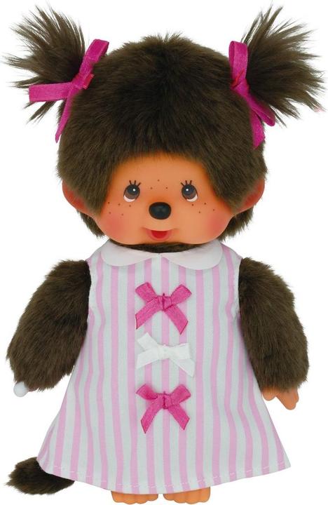 Produktbild Monchhichi Sekiguchi 223589 Original Mädchen, aus braunem Plüsch, mit pink-weiss gestreiftem Kleid und Zöpfen m (20 cm)