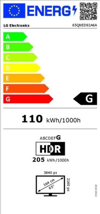 Energy Label LG Smart TV 65QNED92A6A 4K Ultra HD 65" LED (65", LED, QNED, 4K)